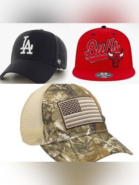 Snapback BASEBALL HAT BUNDLE [3 Caps-ADULTS] — *NBA BULLS *47 DODGERS *Realtree